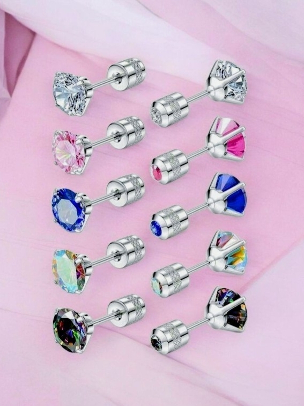Silver-Plated Multi-Color Crystal Stud Earrings - Set of 6